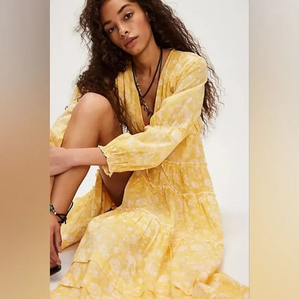 Free People Pappiet Floral Midi Dress Yellow Floral High Low Size XSmall